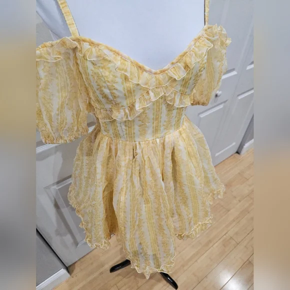 ~SOLD~Dolls Kill Sugar Thrillz SAMPLE Sense N' Sensibility Yellow Corset Dress S - Picture 4 of 14